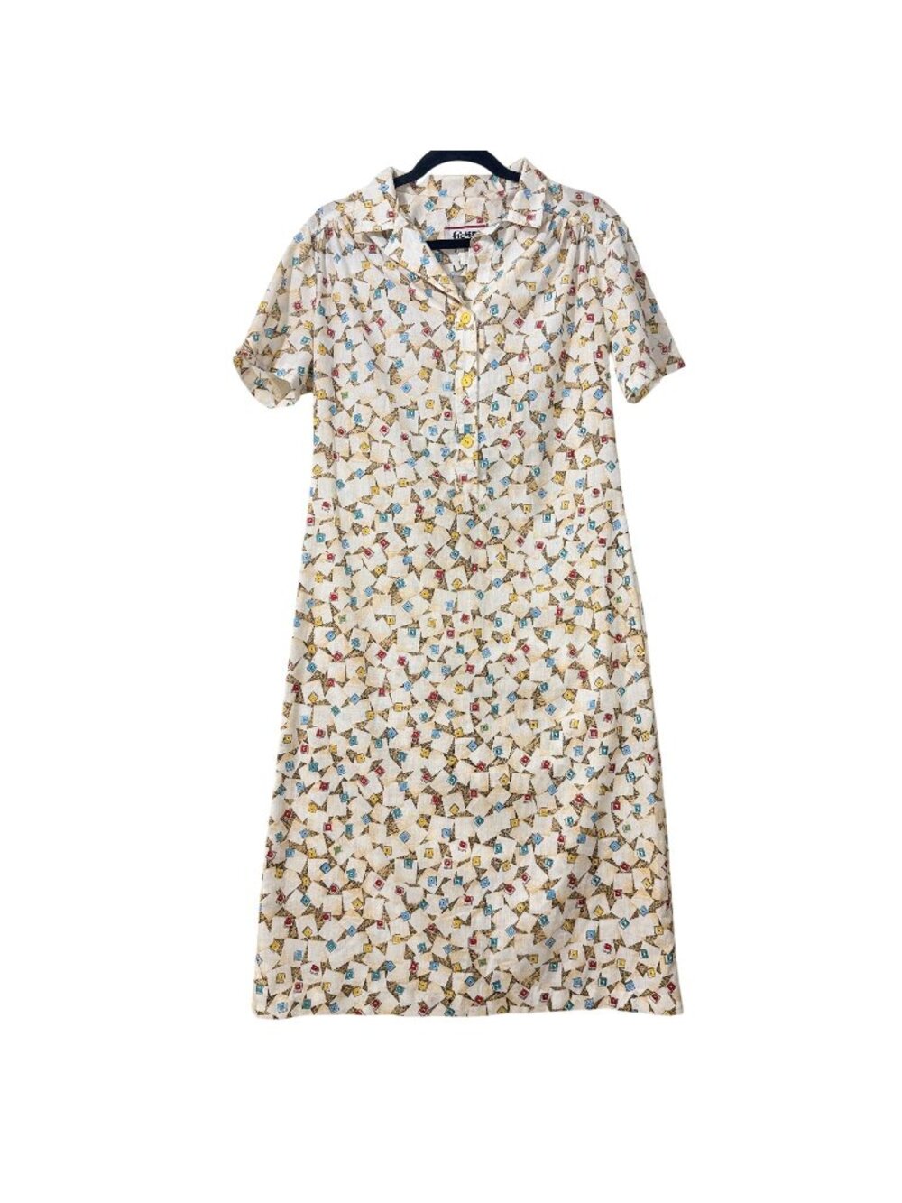 Vintage 1980s Ficher Women Geometric Print Shirt Midi Dress Beige Multicolor M
